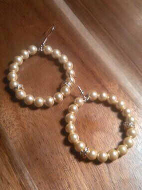 Golden Color Lumina Pearl Goldtone and Stainless Steel Hoop Earrings